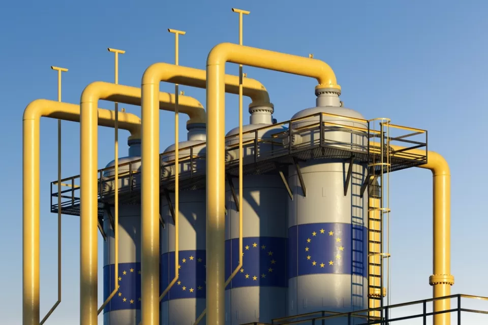 Four natural gas storage tanks with European Union flag logos